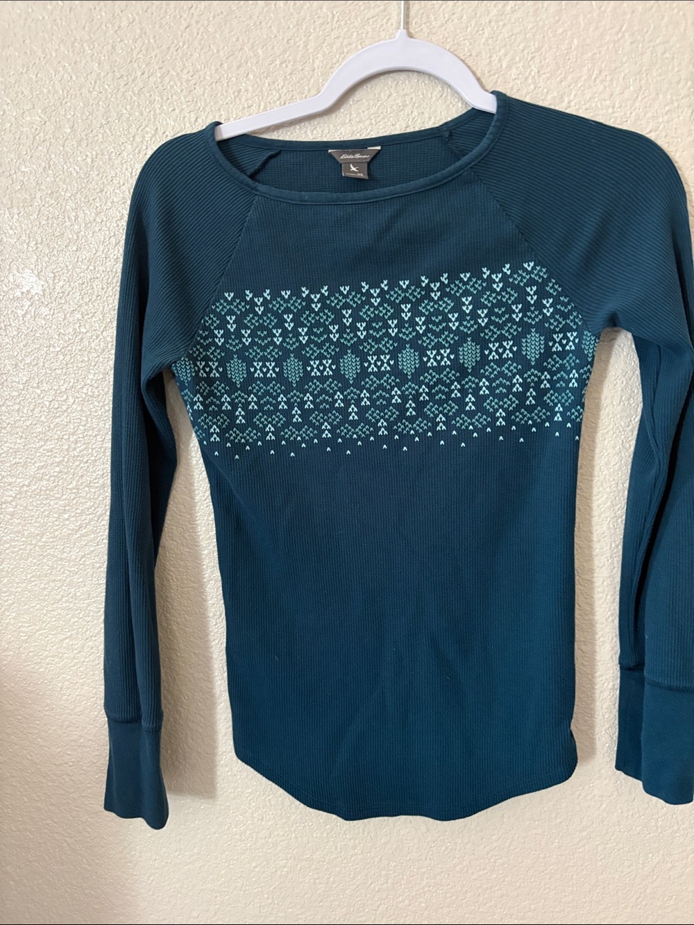 Eddie Bauer Thermal Long Sleeve Top in Teal with Geo Print